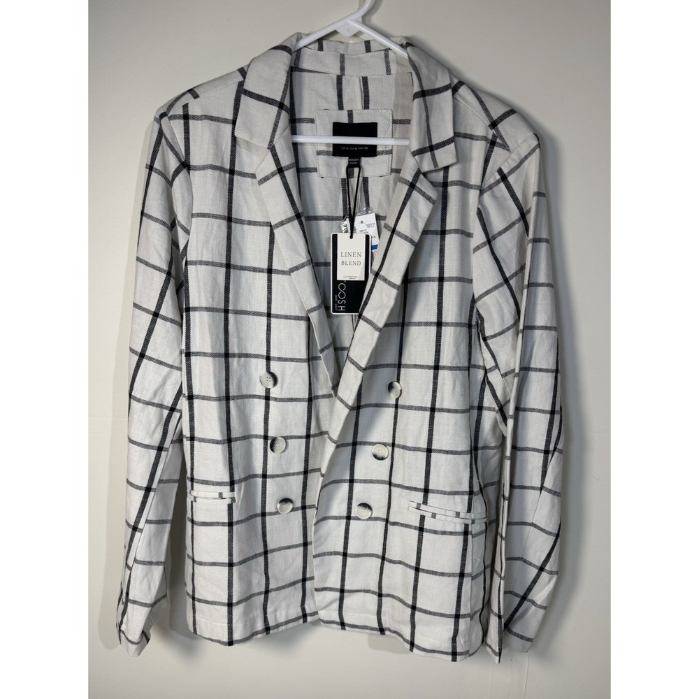 NWT Stoosh Linen blend Plaid Open 3 buttons front White Blazer Sz XL $49 Women's